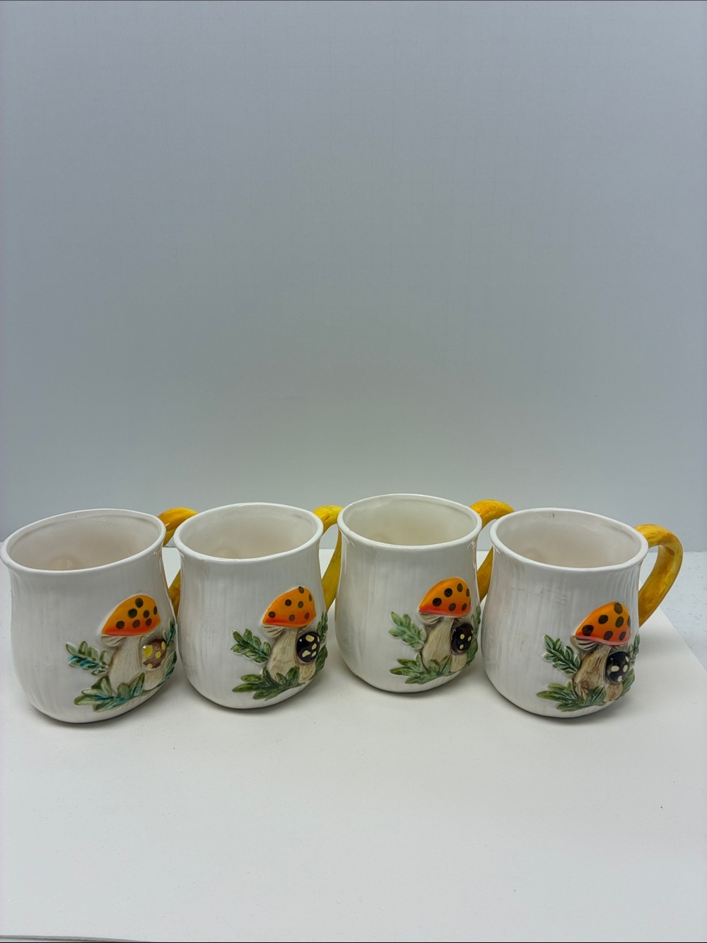 Vintage Merry Mushroom Ceramic Mug Set Yellow Handle Hand Painted Set of 4 - Picture 6 of 10